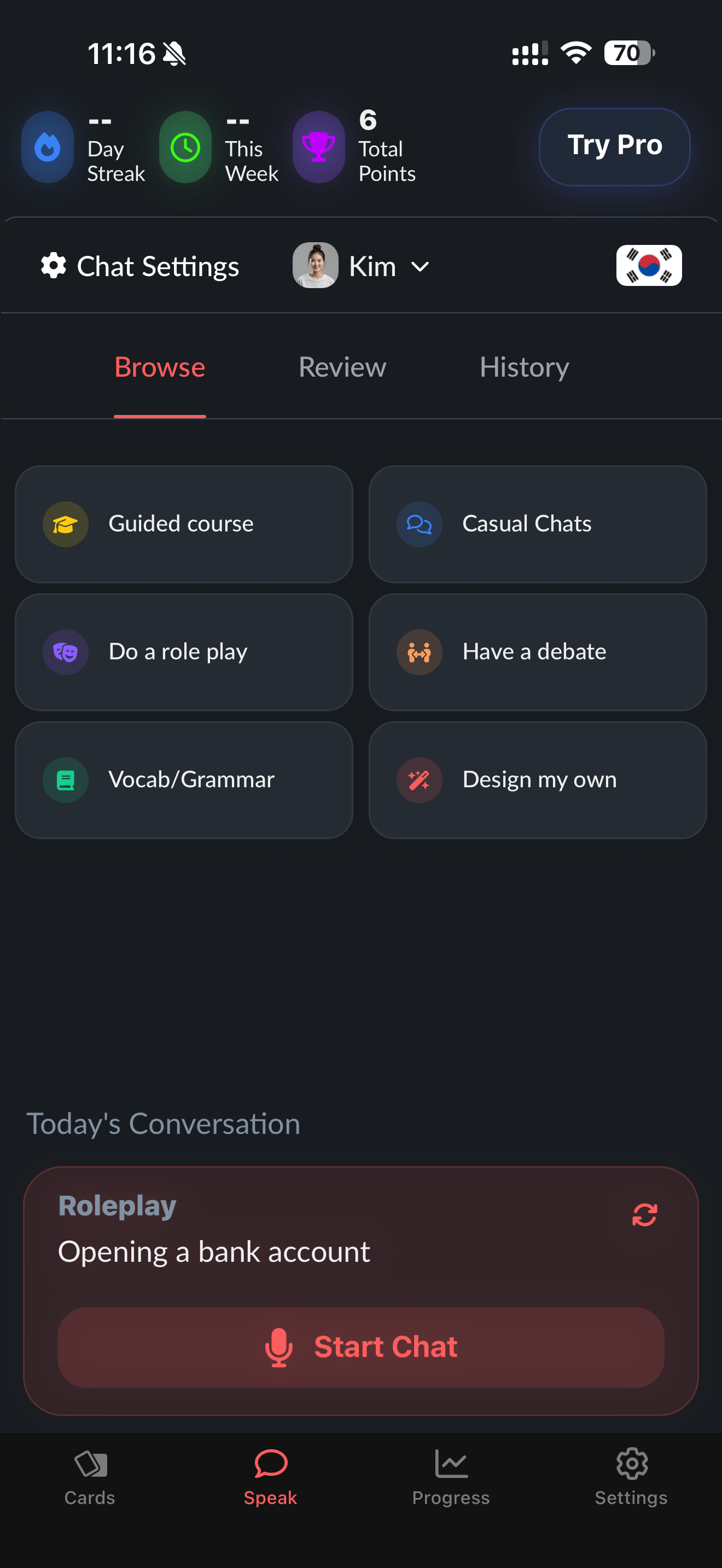 Langua's main menu showing guided course, casual chats, role play, debate, and vocab modes