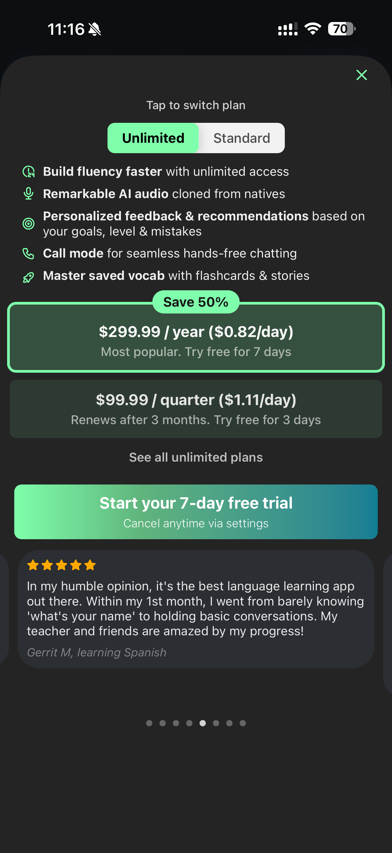 Langua's in-app pricing showing $299.99 per year or $99.99 per quarter